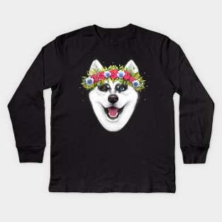 Husky with flowers Kids Long Sleeve T-Shirt